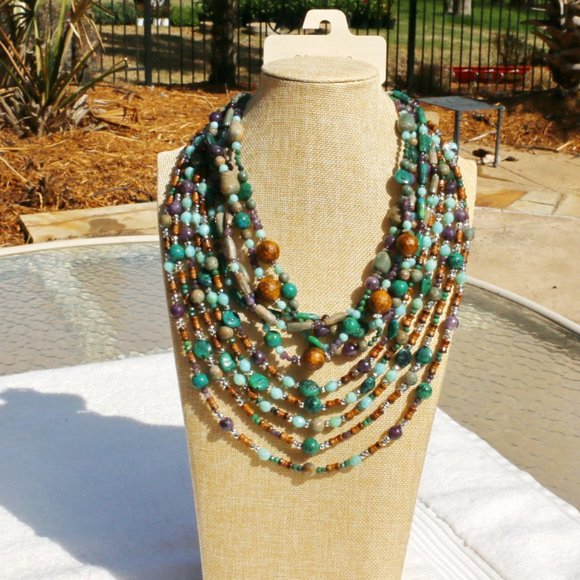 2 Necklace Set Boho Multi Strand Stone Bead Gemstone Silver Handmade NWT - Picture 9 of 9